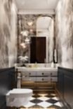 The aged tinted mirror "echoes" the motifs of the wallpaper