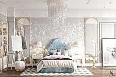 The delicate Fresq wallpaper and the Sagarti chandelier create a unique atmosphere of warmth and coziness