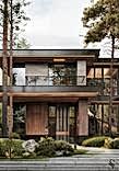 The facade of the house is made of thermally treated wood, ceramic granite, and metal. The facade of the house is made of thermally treated wood, ceramic granite, and metal.