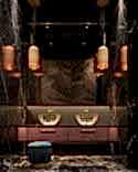 Sinks made of solid faceted glass, Minotti poufs