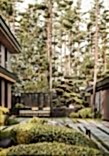 The facade of the house is made of thermally treated wood, ceramic granite, and metal. The facade of the house is made of thermally treated wood, ceramic granite, and metal.