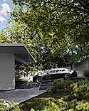 A modern villa with a Rolls-Royce surrounded by green trees by Studia 54