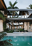 The gallery space on the second floor 'divides' the composition of three banana palms