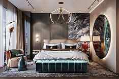 Poltrona Frau bed, Longhi bedside tables, Alex Allen Studio chandelier
